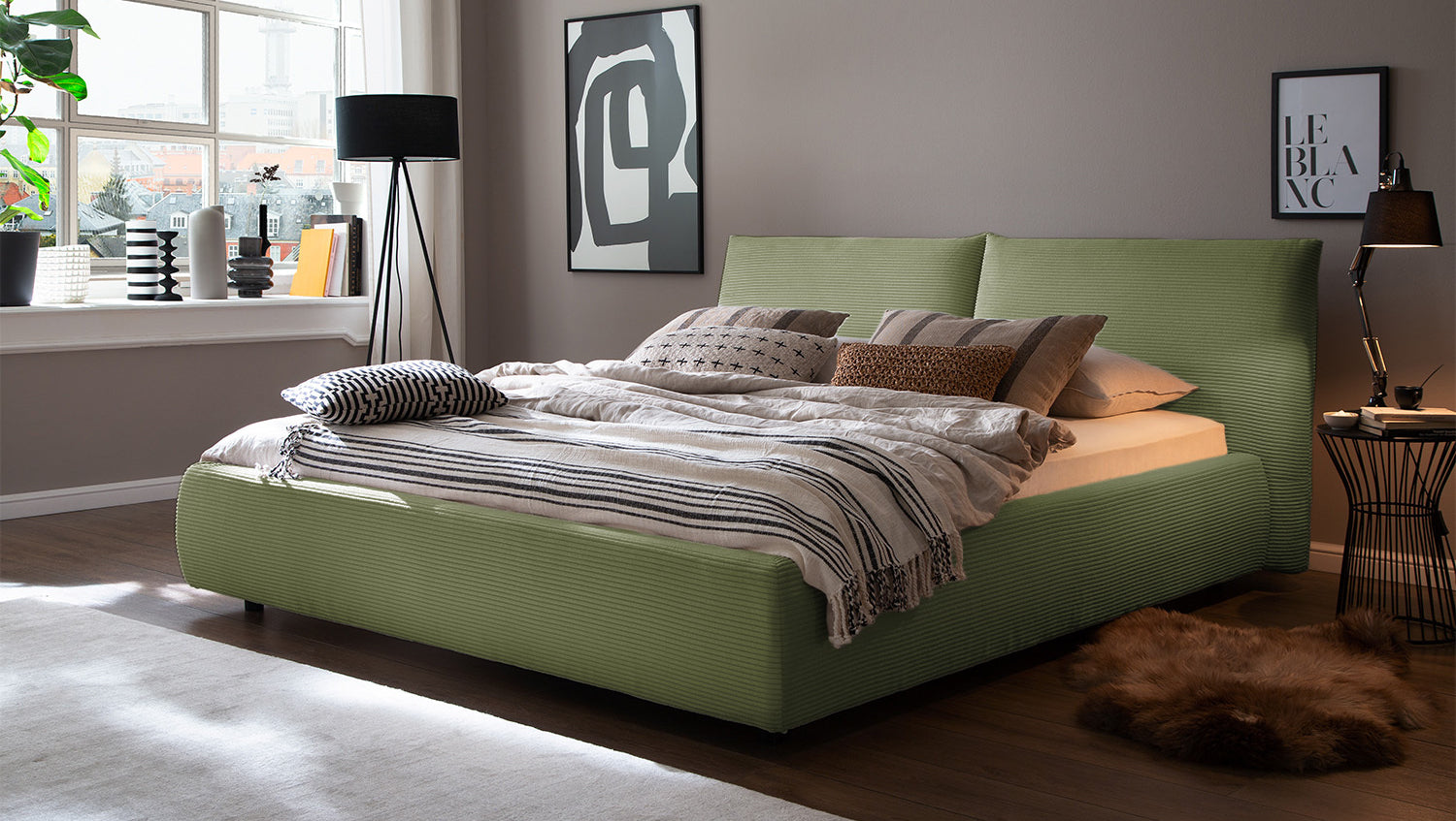 KAWOLA Bett HENRY Polsterbett Cord olivgrün, 200 x 180 cm