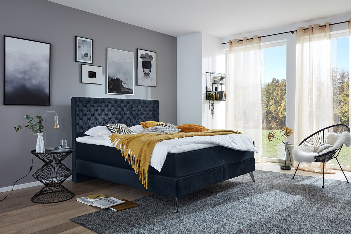 KAWOLA Bett SINDAR Boxspringbett Stoff dunkelblau Fuß silber ohne Topper