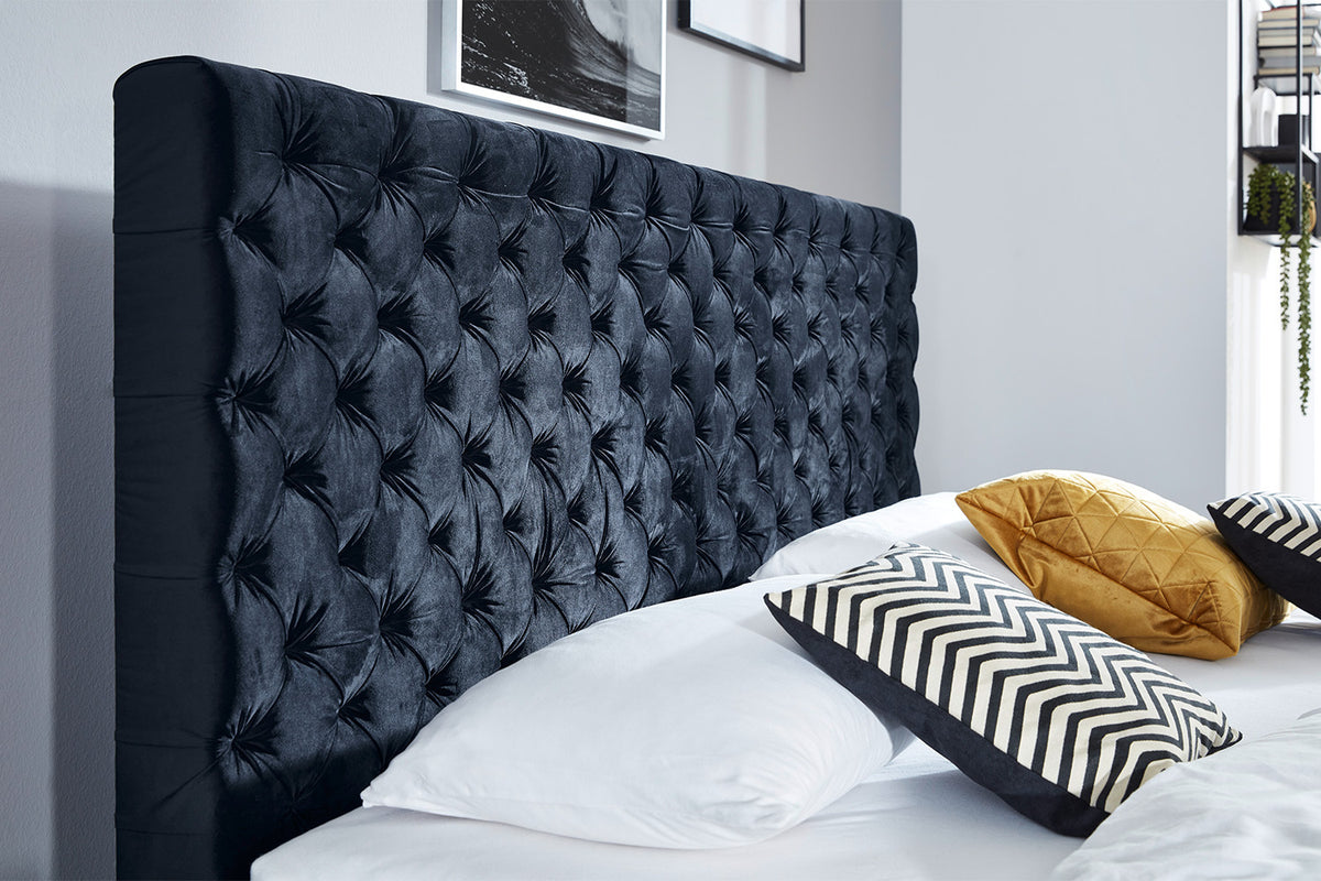 KAWOLA Bett SINDAR Boxspringbett Stoff dunkelblau Fuß silber ohne Topper