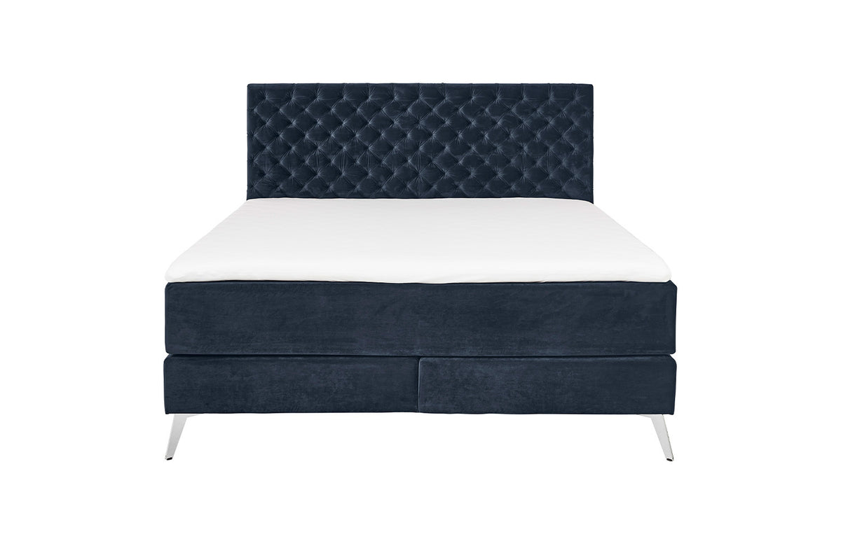 KAWOLA Bett SINDAR Boxspringbett Stoff dunkelblau Fuß silber ohne Topper