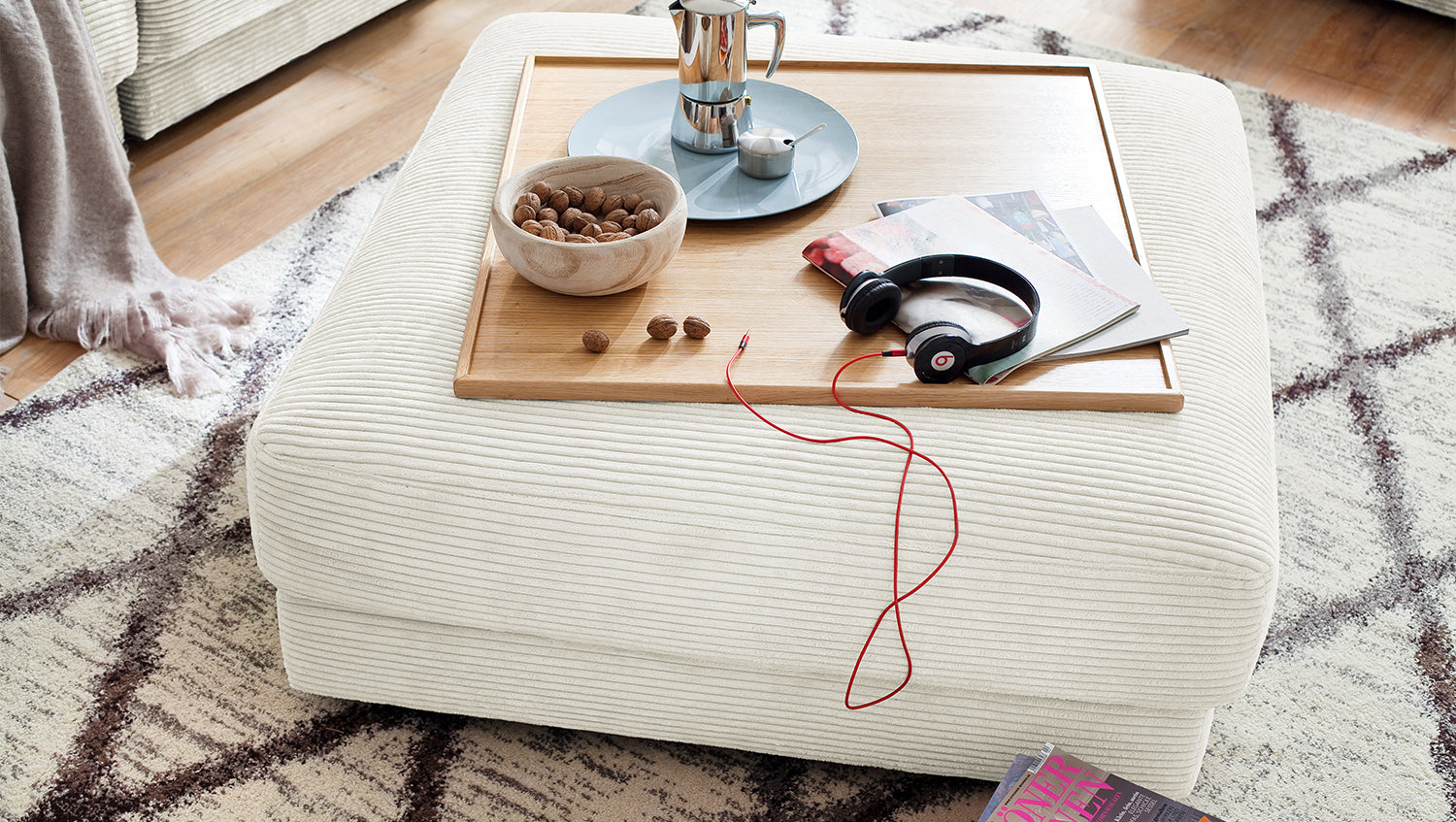 KAWOLA Big Hocker MADELINE Polsterhocker Cord cremeweiß