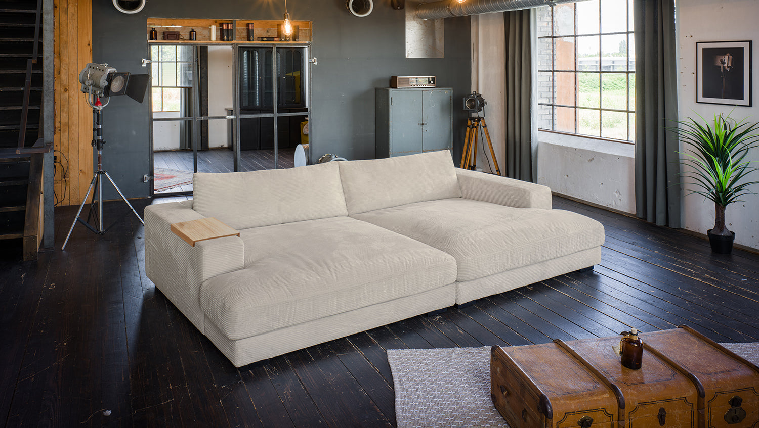 KAWOLA Big Sofa MADELINE Cord cremeweiß, 290 x 190, mit Holztablett natur