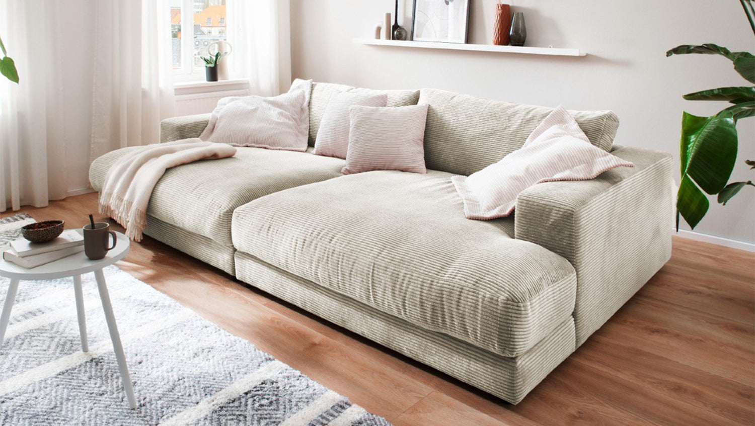 KAWOLA Big Sofa MADELINE Cord cremeweiß, 290 x 190, ohne Holztablett