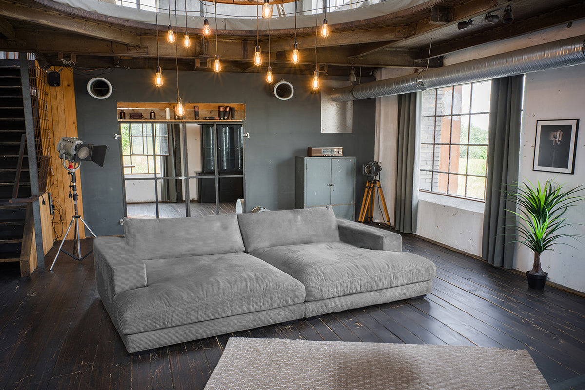 KAWOLA Big Sofa MADELINE Cord grau, 290 x 170, ohne Holztablett