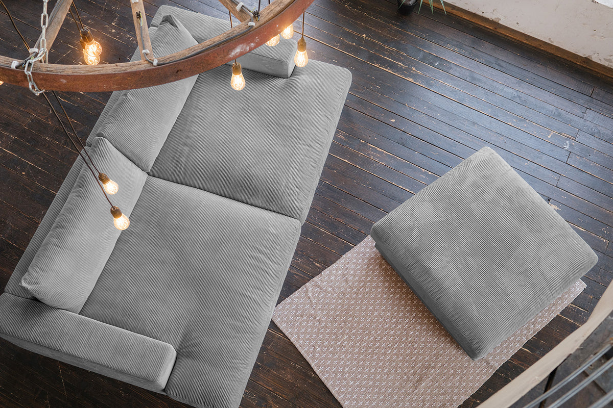 KAWOLA Big Sofa MADELINE Cord grau mit Hocker und 4 Zierkissen