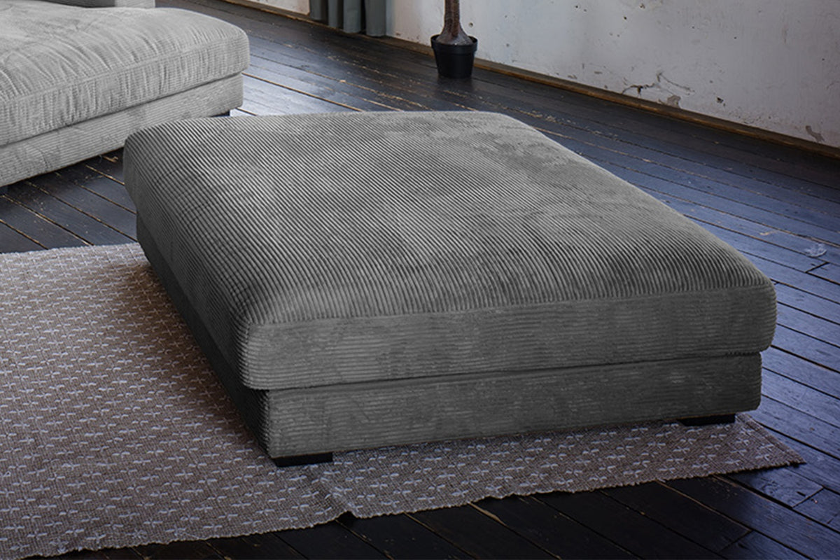 KAWOLA Big Sofa MADELINE Cord grau mit Hocker und 4 Zierkissen