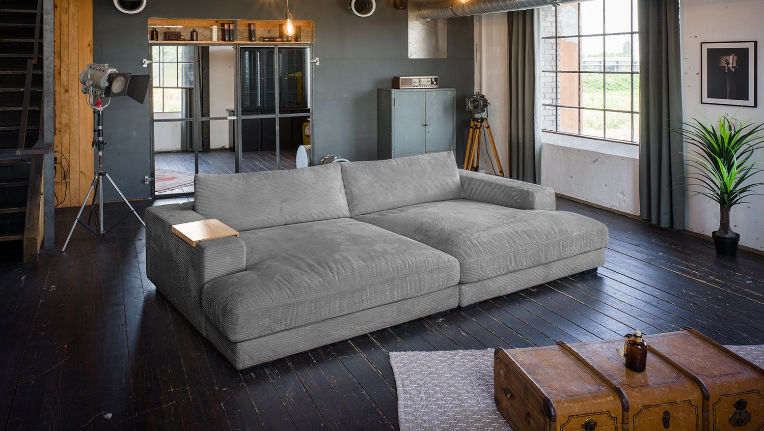 KAWOLA Big Sofa MADELINE Cord grau mit Hocker und 4 Zierkissen