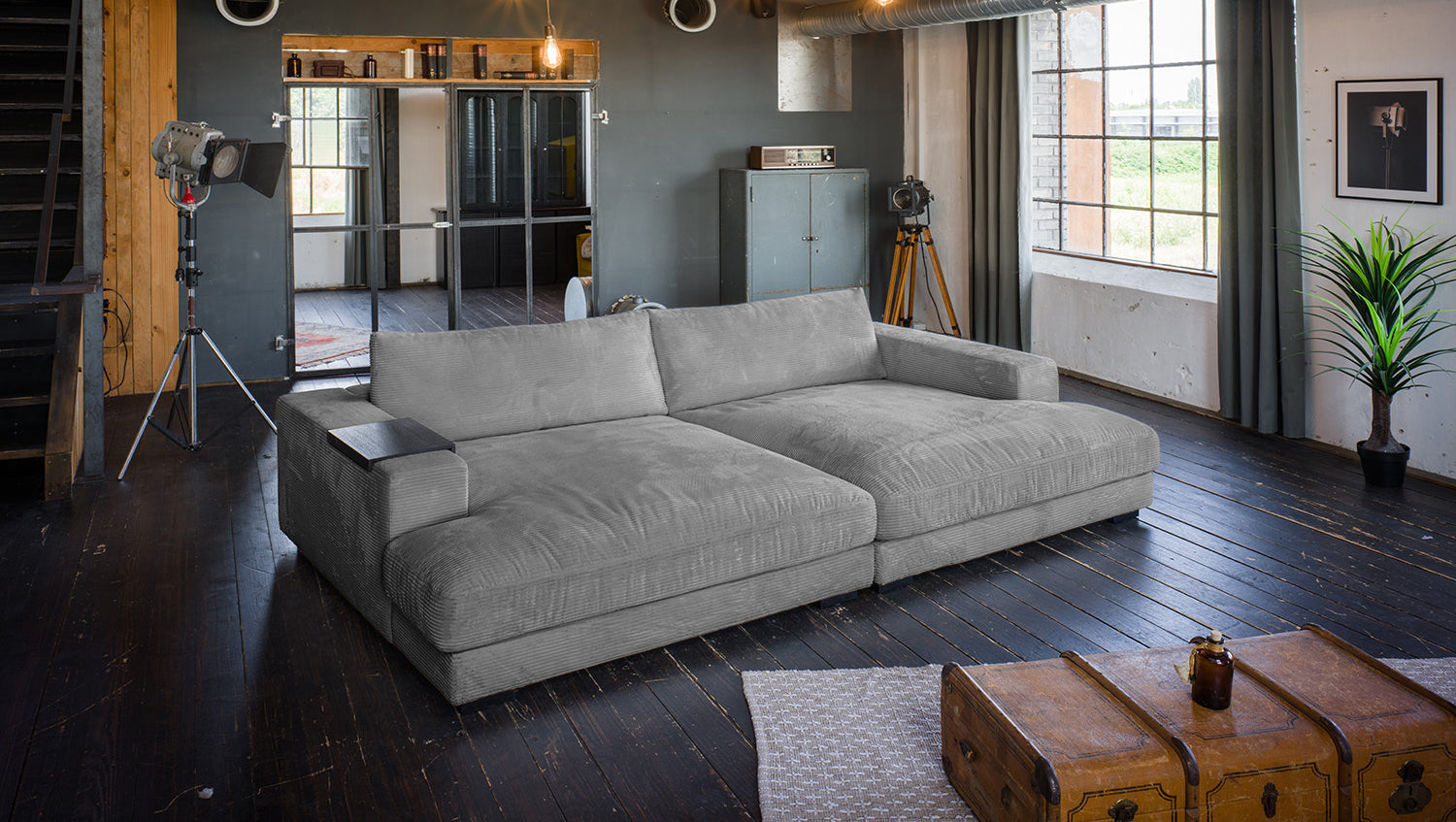 KAWOLA Big Sofa MADELINE Cord grau mit Hocker und 4 Zierkissen