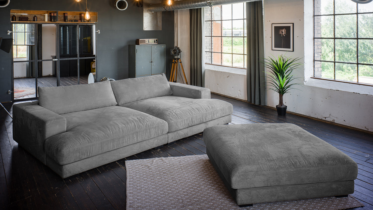 KAWOLA Big Sofa MADELINE Cord grau mit Hocker und 4 Zierkissen