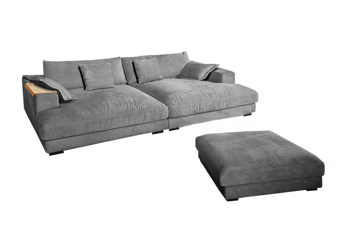KAWOLA Big Sofa MADELINE Cord grau mit Hocker und 4 Zierkissen