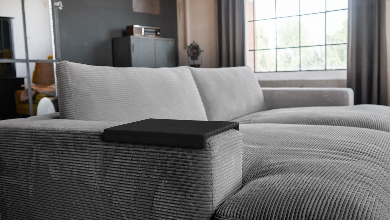 KAWOLA Big Sofa MADELINE Cord grau mit Hocker und 4 Zierkissen