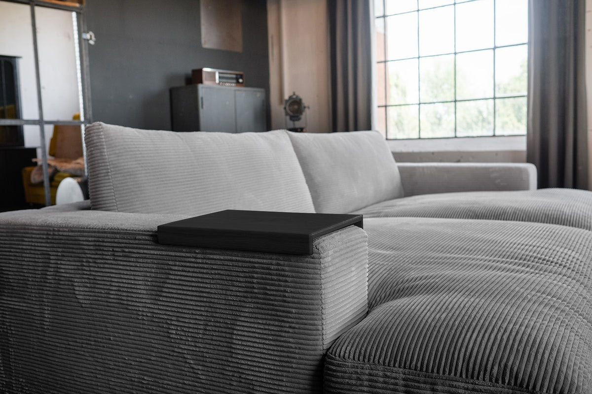 KAWOLA Big Sofa MADELINE Cord grau mit Hocker und 4 Zierkissen