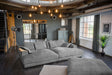 KAWOLA Big Sofa MADELINE Cord grau mit Hocker und 4 Zierkissen, mit Holztablett natur