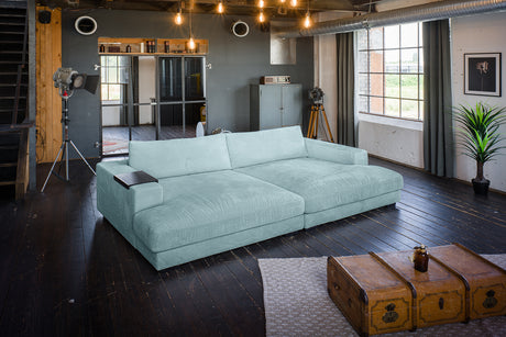 KAWOLA Big Sofa MADELINE Cord hellblau, 290 x 170, mit Holztablett schwarz