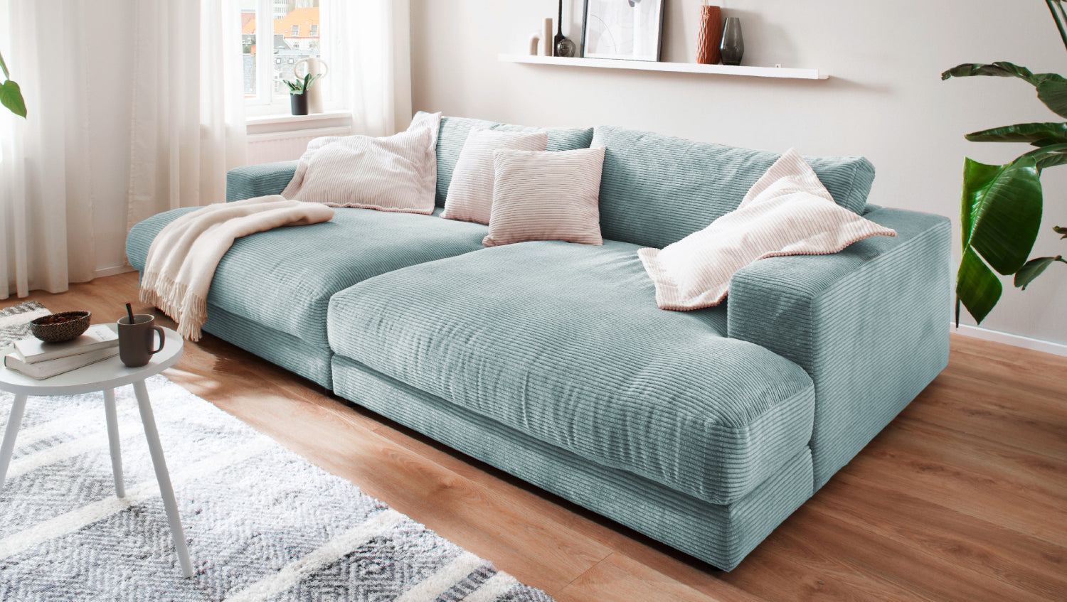 KAWOLA Big Sofa MADELINE Cord hellblau, 290 x 170, ohne Holztablett