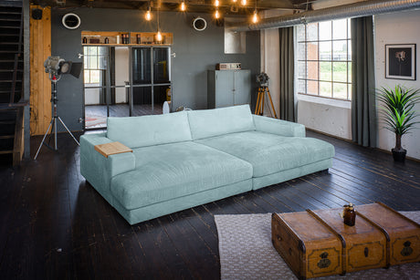 KAWOLA Big Sofa MADELINE Cord hellblau, 290 x 190, mit Holztablett natur