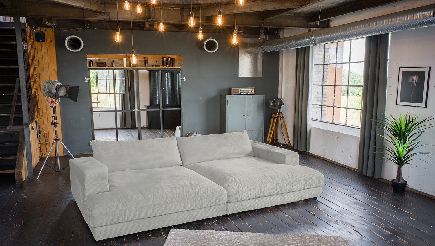 KAWOLA Big Sofa MADELINE Cord hellgrau, 290 x 170, ohne Holztablett