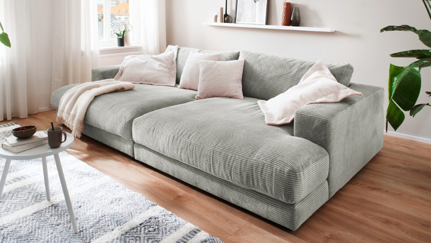 KAWOLA Big Sofa MADELINE Cord hellgrau, 290 x 190, ohne Holztablett
