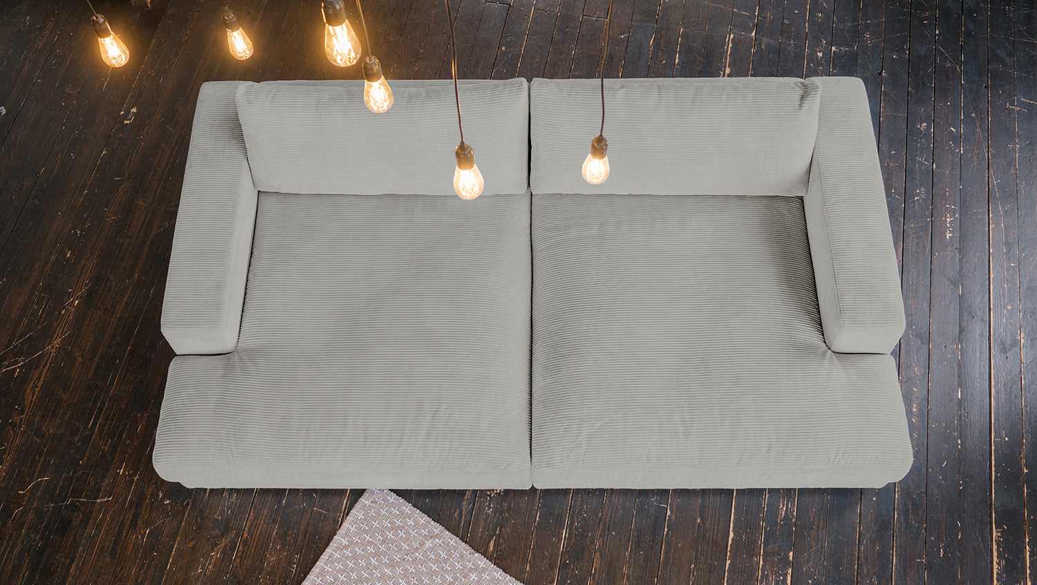 KAWOLA Big Sofa MADELINE Cord hellgrau mit Hocker und 4 Zierkissen