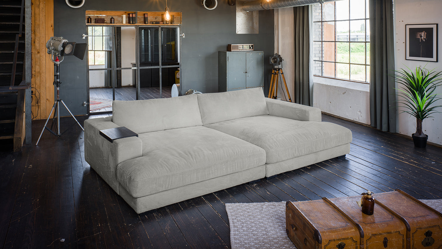 KAWOLA Big Sofa MADELINE Cord hellgrau mit Hocker und 4 Zierkissen