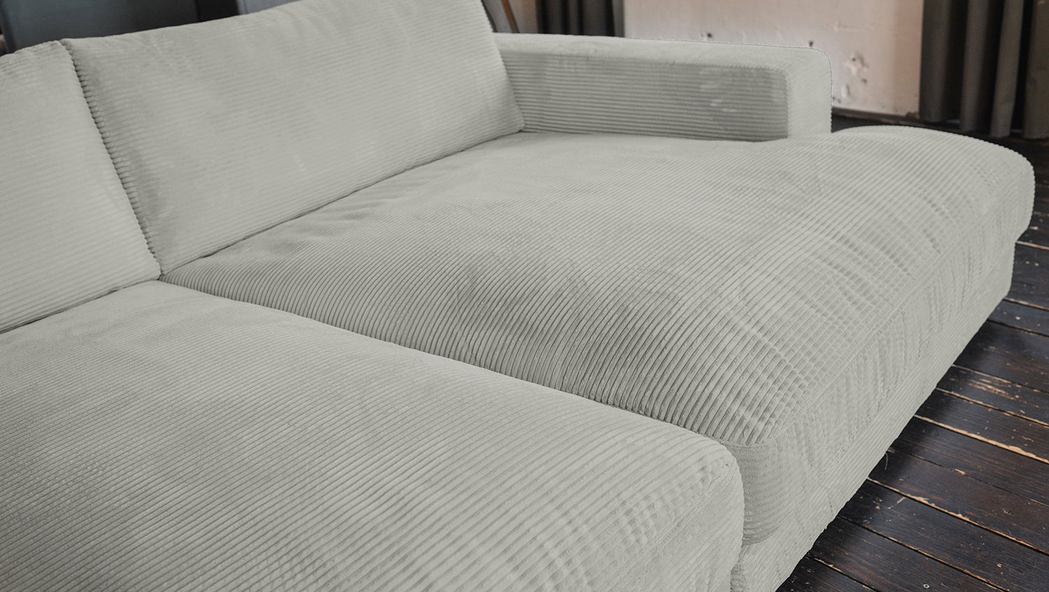 KAWOLA Big Sofa MADELINE Cord hellgrau mit Hocker und 4 Zierkissen