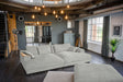 KAWOLA Big Sofa MADELINE Cord hellgrau mit Hocker und 4 Zierkissen, mit Holztablett natur