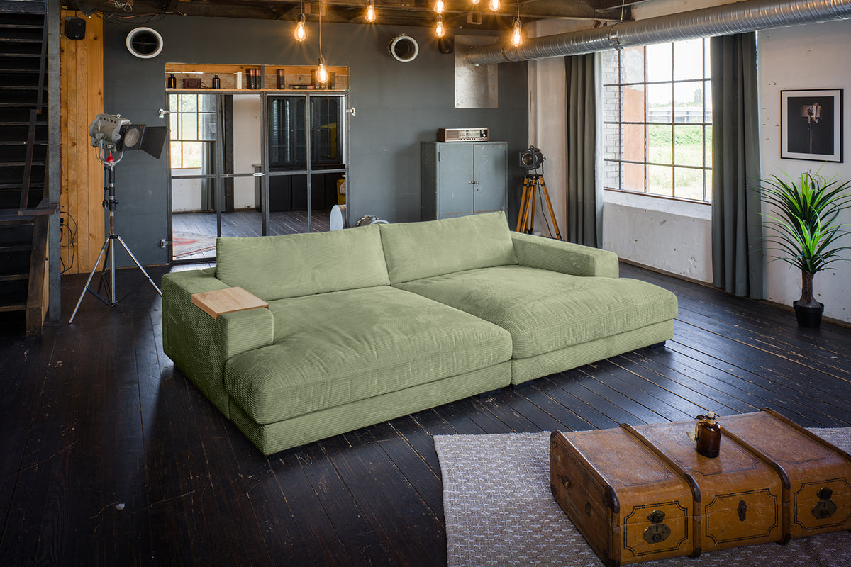 KAWOLA Big Sofa MADELINE Cord olivgrün, 290 x 190, mit Holztablett natur