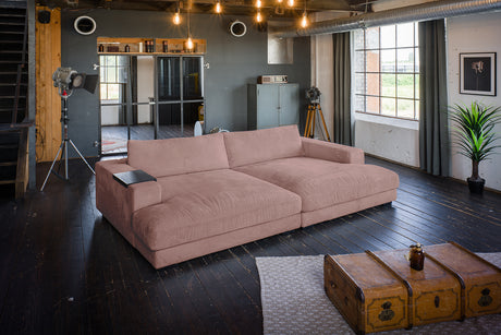 KAWOLA Big Sofa MADELINE Cord rosa, 290 x 190, mit Holztablett schwarz