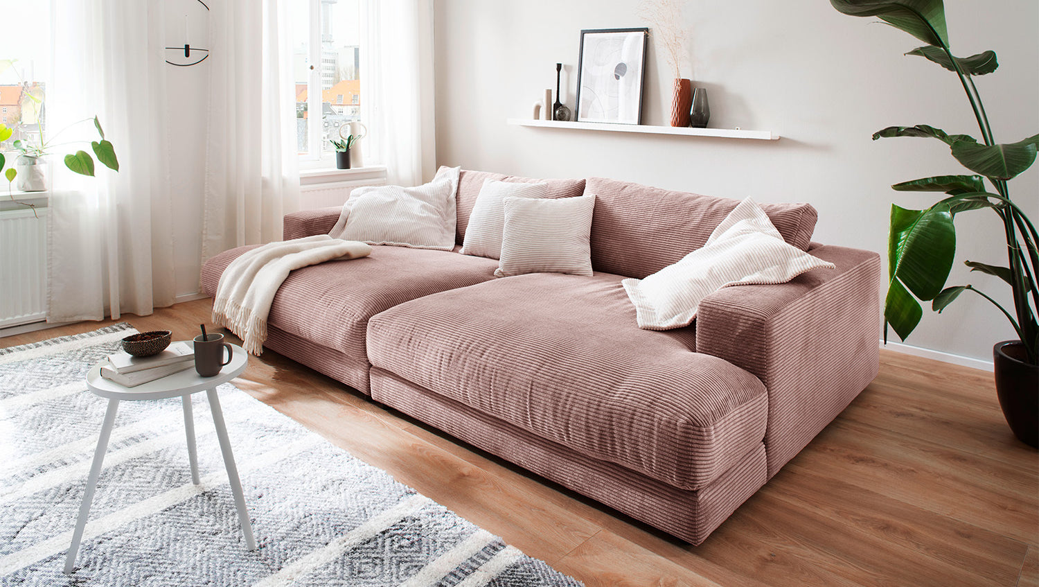 KAWOLA Big Sofa MADELINE Cord rosa, 290 x 190, ohne Holztablett