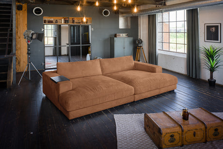 KAWOLA Big Sofa MADELINE Cord rost, 290 x 170, mit Holztablett schwarz