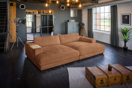 KAWOLA Big Sofa MADELINE Cord rost, 290 x 190, mit Holztablett natur