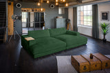 KAWOLA Big Sofa MADELINE Cord smaragd, 290 x 170, mit Holztablett natur