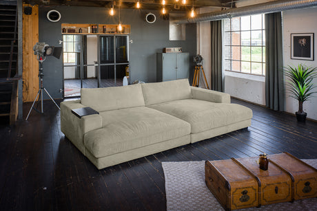 KAWOLA Big Sofa MADELINE Cord steingrau, 290 x 170, mit Holztablett schwarz