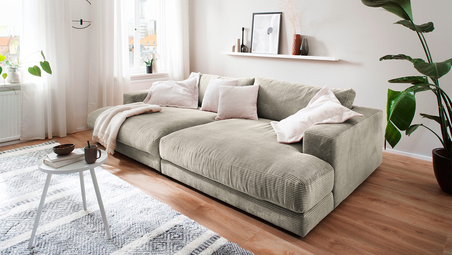 KAWOLA Big Sofa MADELINE Cord steingrau, 290 x 170, ohne Holztablett