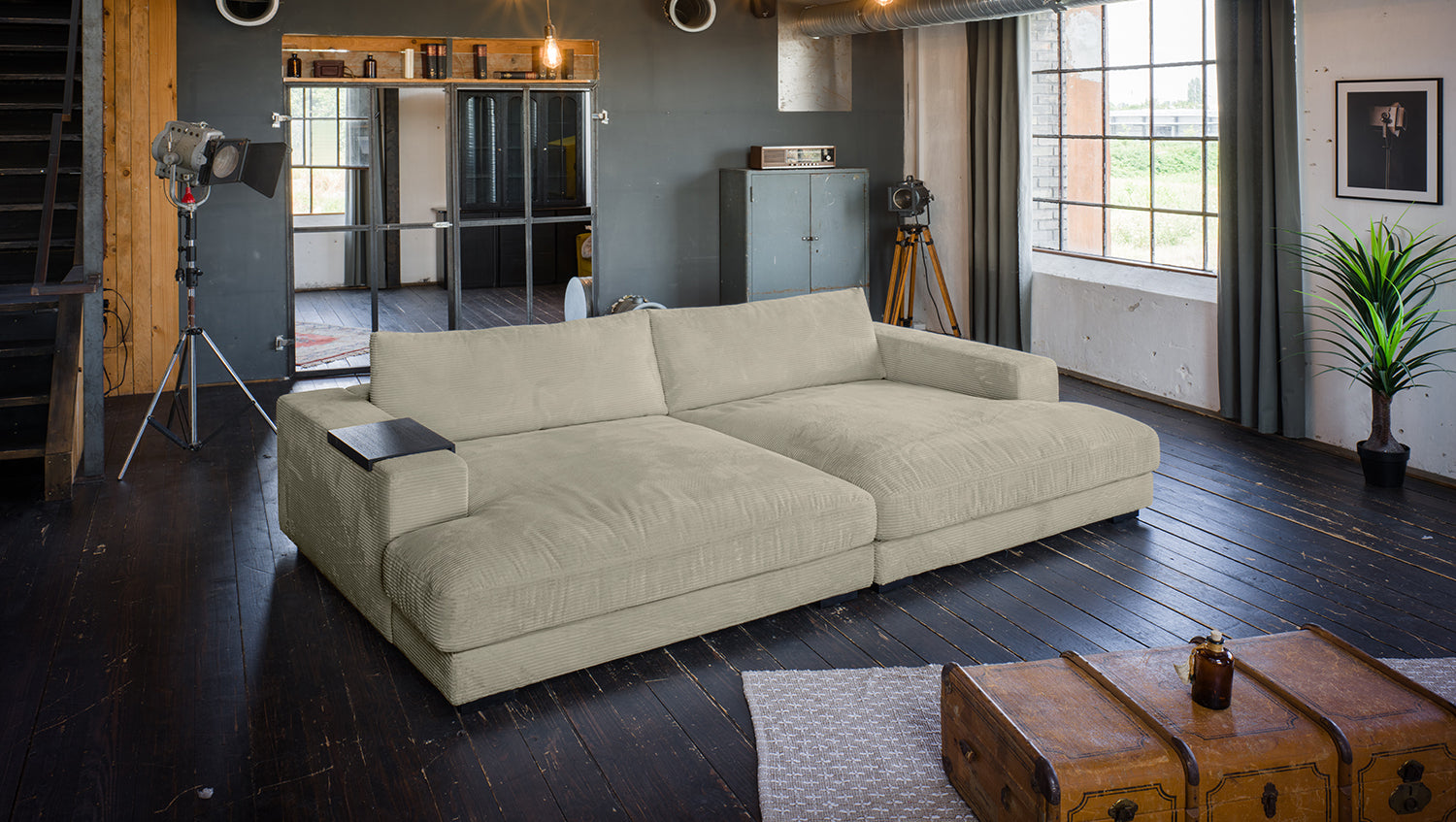 KAWOLA Big Sofa MADELINE Cord steingrau, 290 x 190, mit Holztablett schwarz