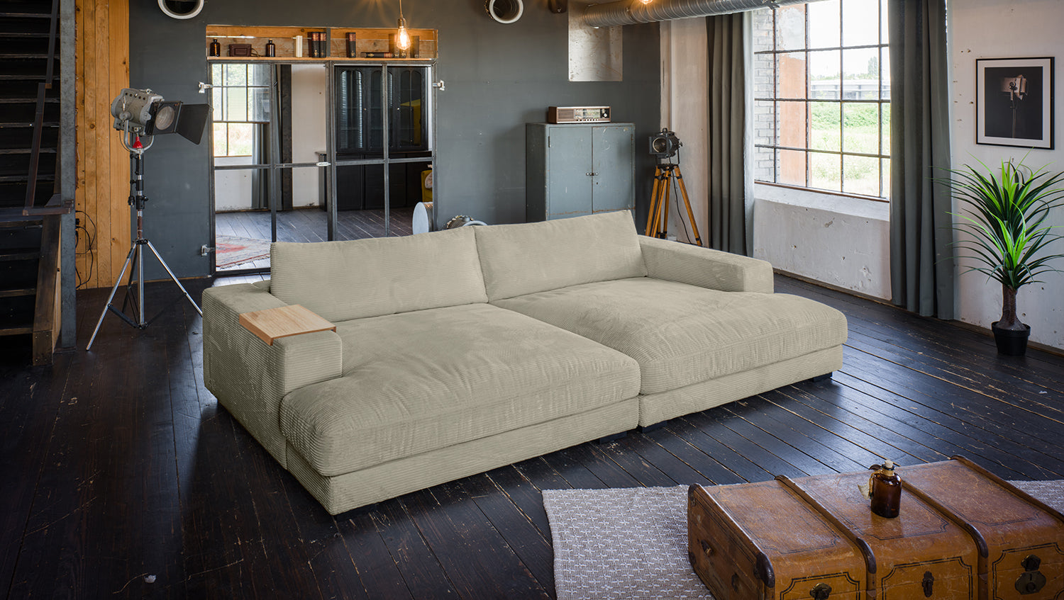 KAWOLA Big Sofa MADELINE Cord steingrau, 290 x 190, mit Holztablett natur