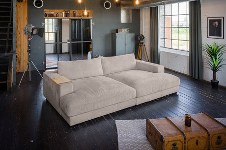 KAWOLA Big Sofa MADELINE Cord taupe, 290 x 170, mit Holztablett natur
