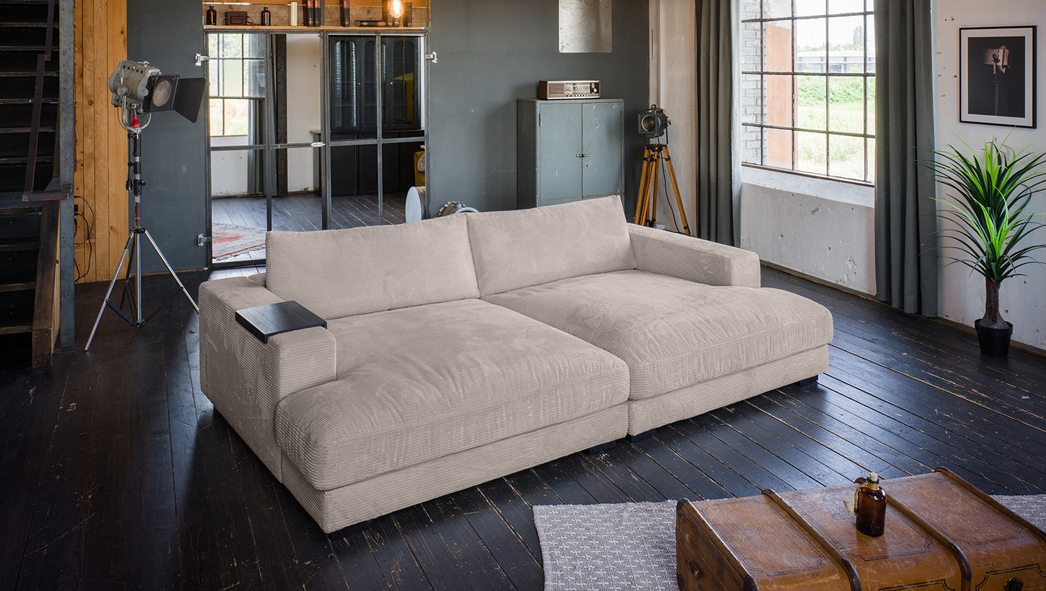 KAWOLA Big Sofa MADELINE Cord taupe, 290 x 170, mit Holztablett schwarz