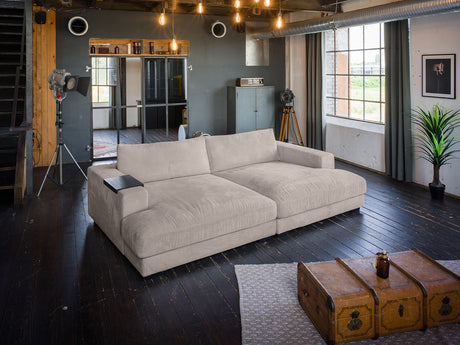 KAWOLA Big Sofa MADELINE Cord taupe, 290 x 190, mit Holztablett schwarz