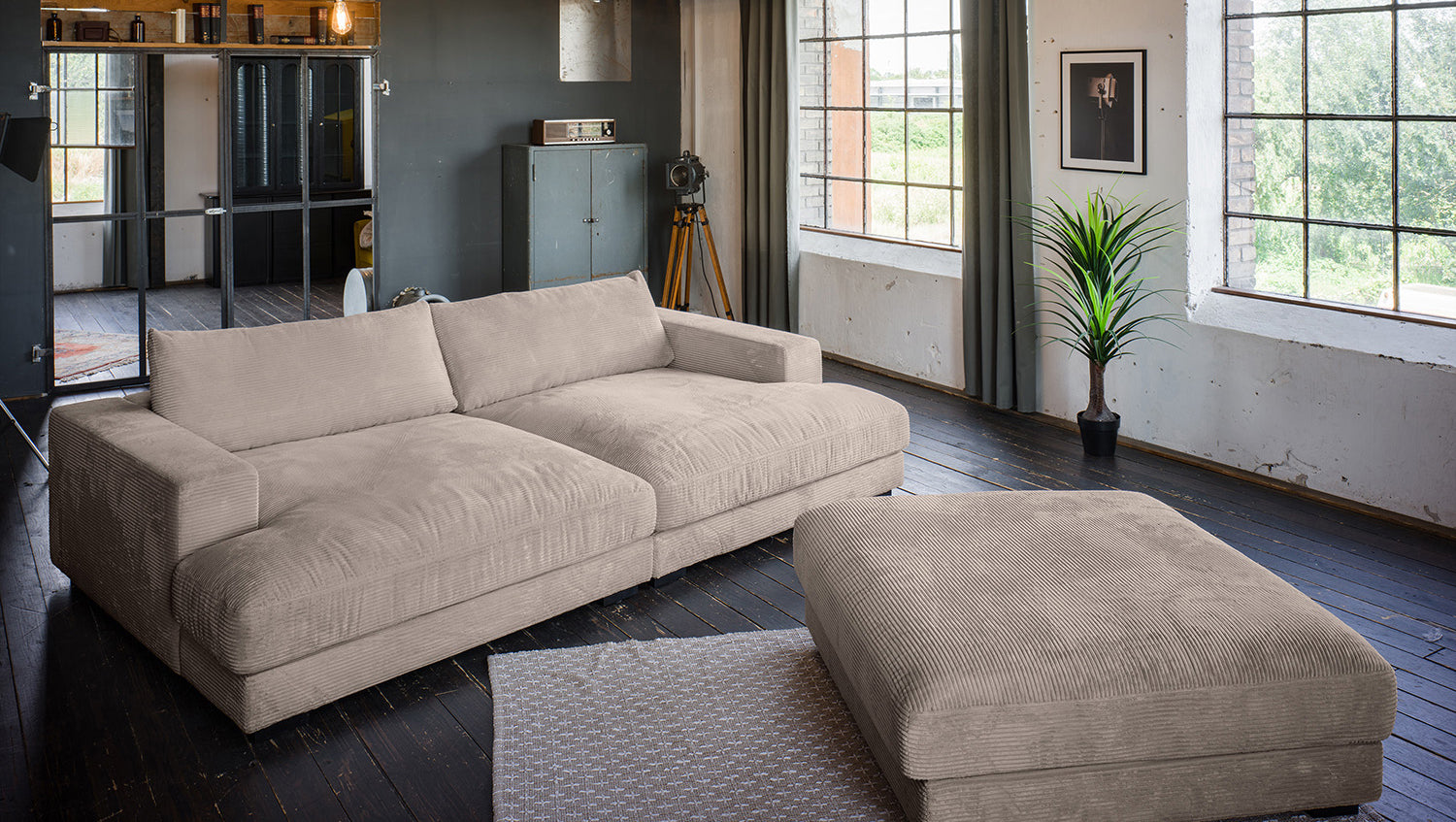 KAWOLA Big Sofa MADELINE Cord taupe mit Hocker und 4 Zierkissen