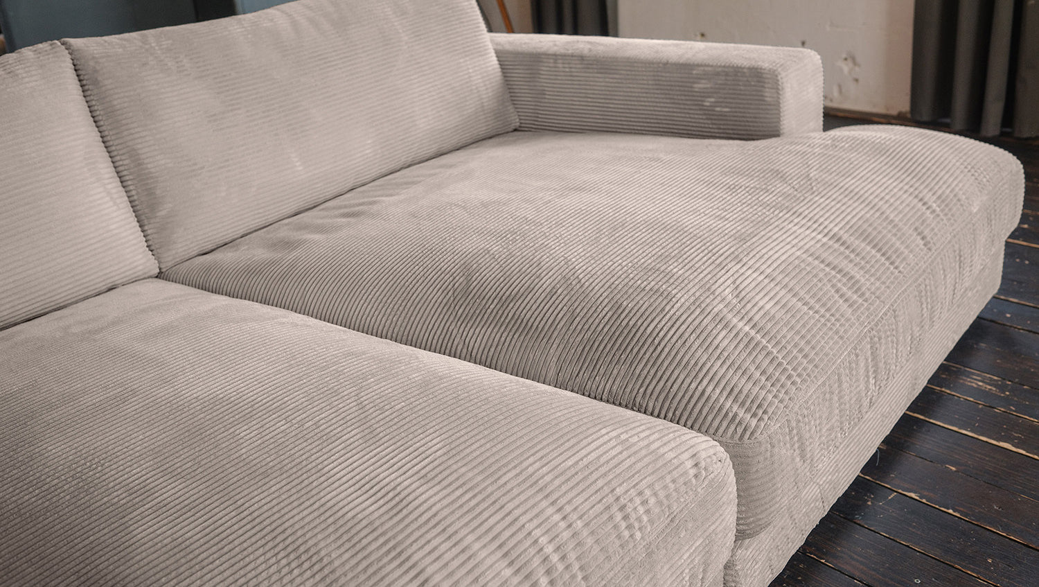 KAWOLA Big Sofa MADELINE Cord taupe mit Hocker und 4 Zierkissen