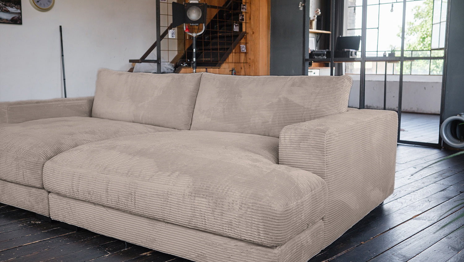 KAWOLA Big Sofa MADELINE Cord taupe mit Hocker und 4 Zierkissen