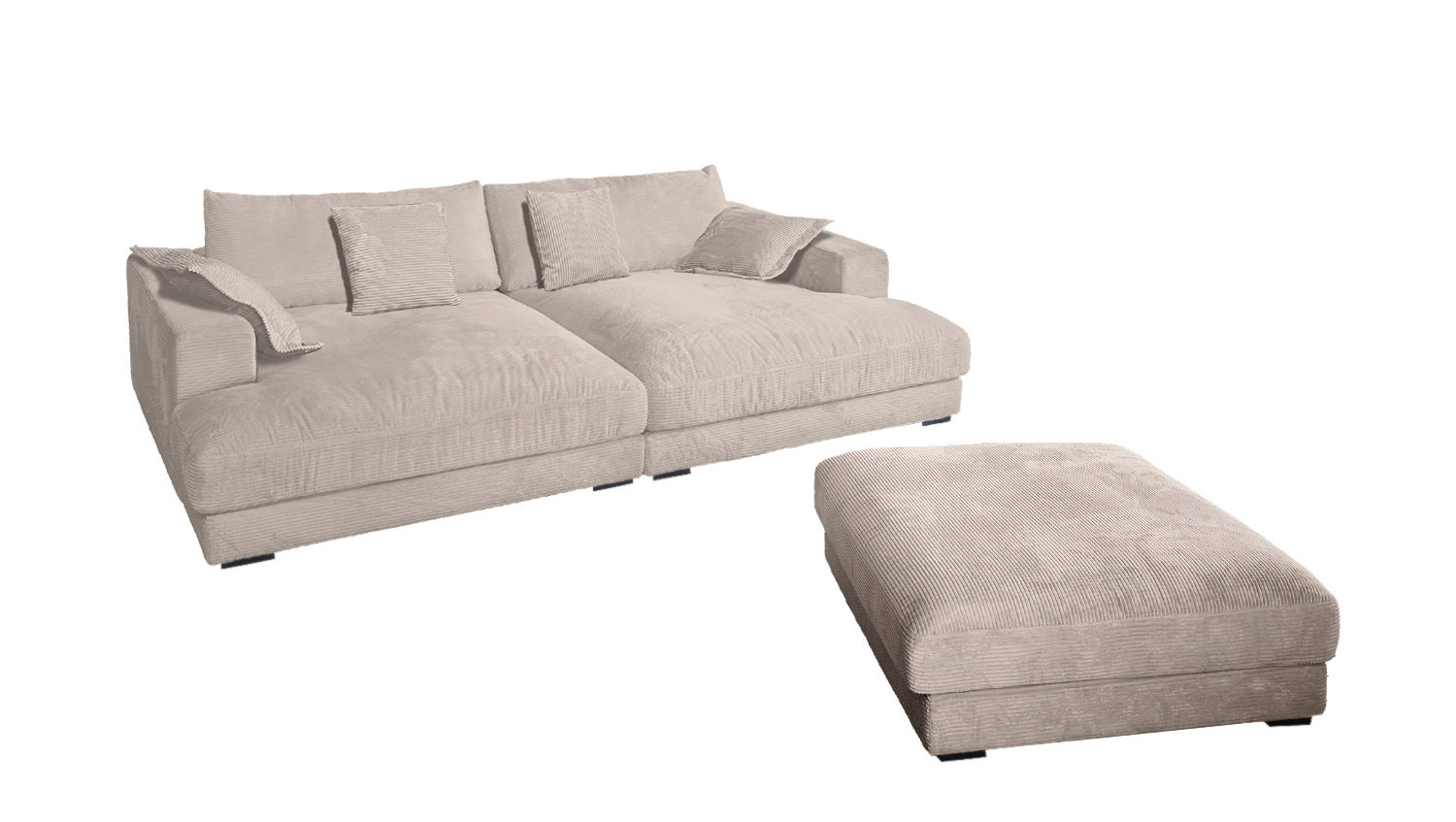 KAWOLA Big Sofa MADELINE Cord taupe mit Hocker und 4 Zierkissen