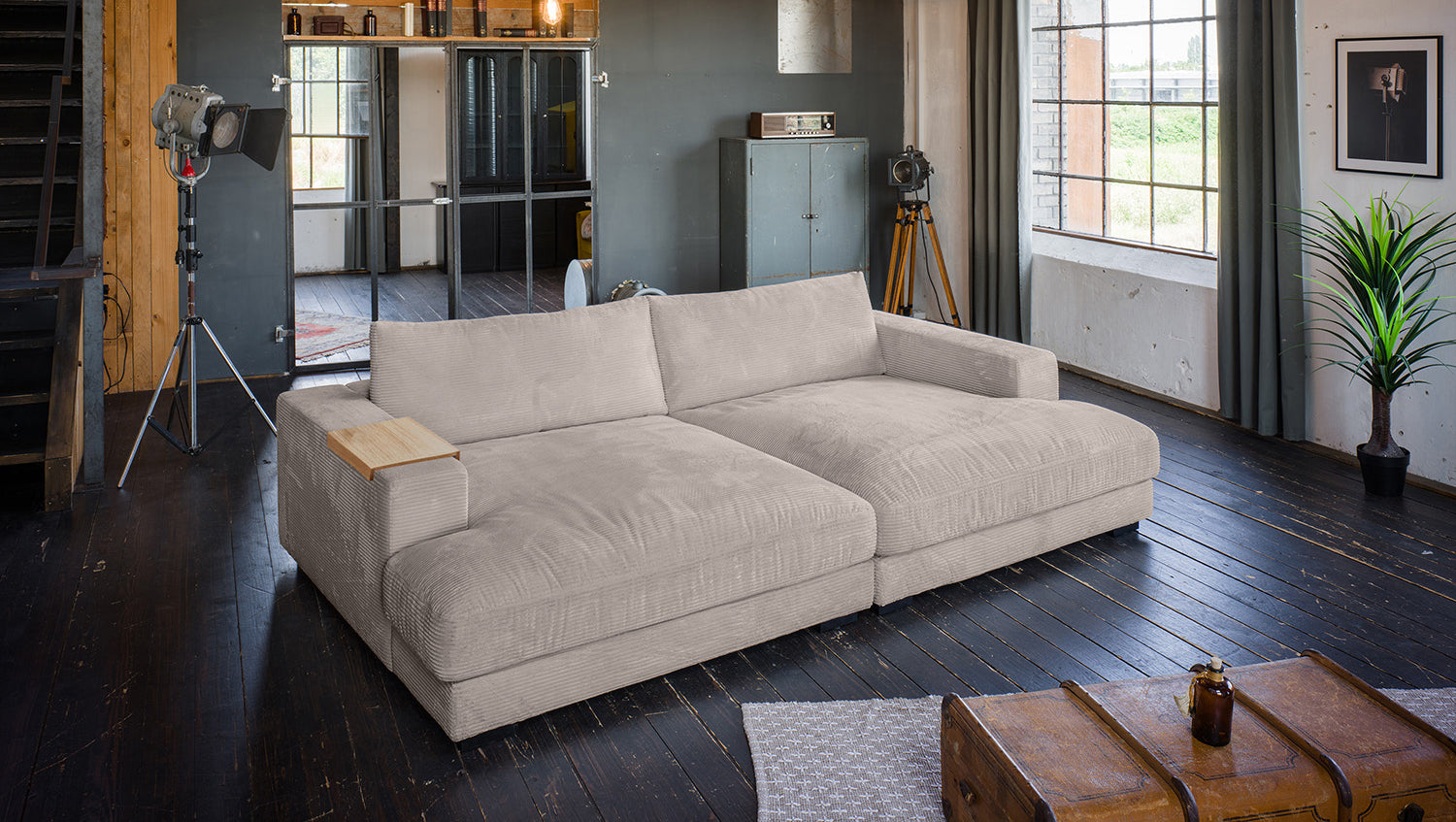 KAWOLA Big Sofa MADELINE Cord taupe mit Hocker und 4 Zierkissen