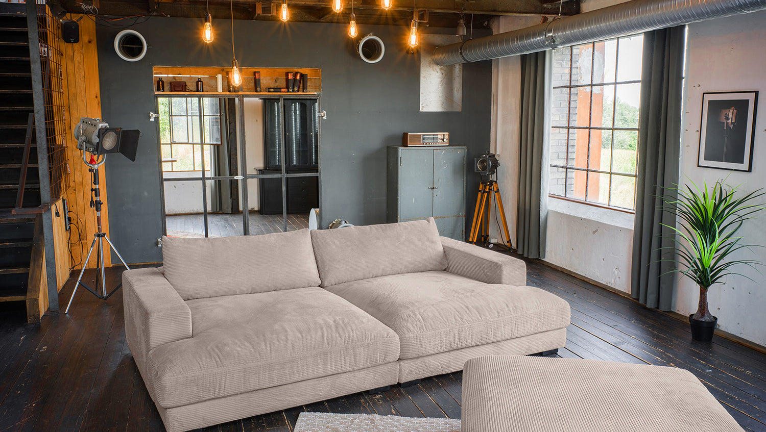 KAWOLA Big Sofa MADELINE Cord taupe mit Hocker und 4 Zierkissen
