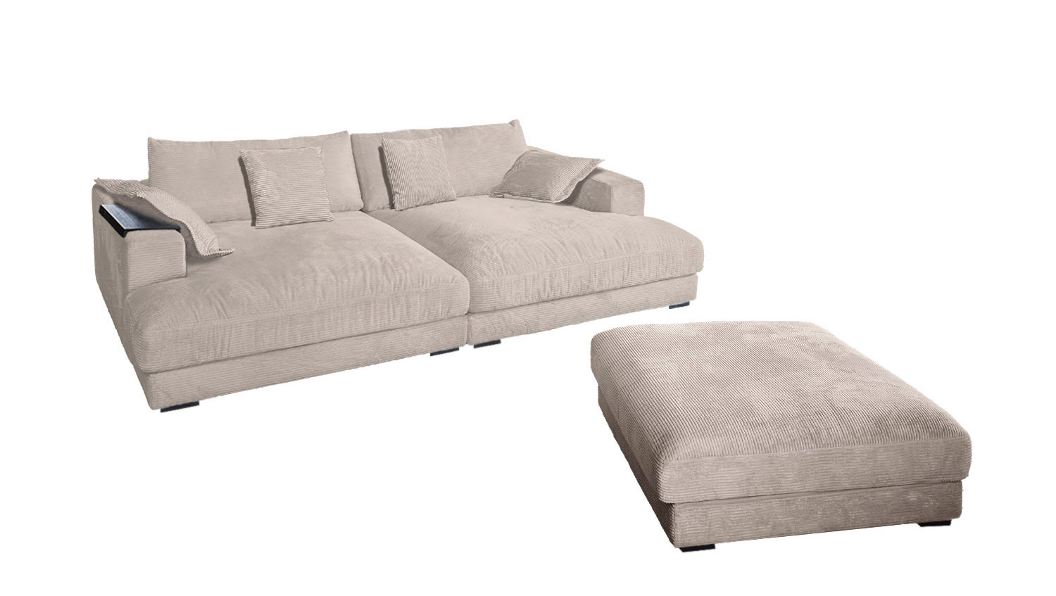 KAWOLA Big Sofa MADELINE Cord taupe mit Hocker und 4 Zierkissen