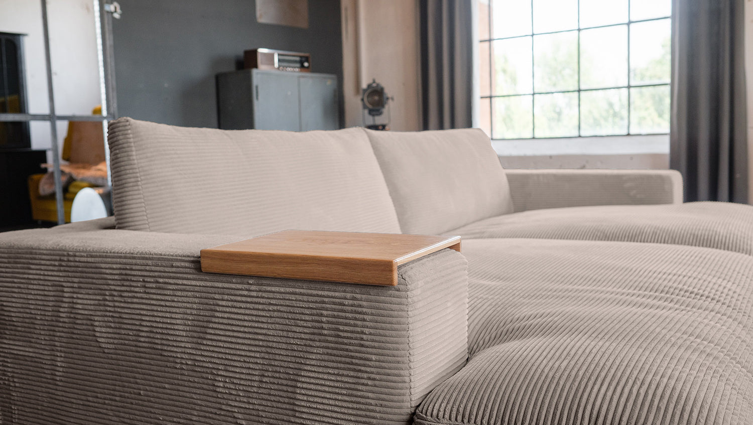KAWOLA Big Sofa MADELINE Cord taupe mit Hocker und 4 Zierkissen
