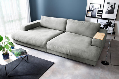 KAWOLA Big Sofa MADELINE Stoff silber, 290 x 170, mit Holztablett natur