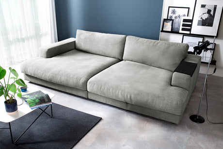 KAWOLA Big Sofa MADELINE Stoff silber, 290 x 190, mit Holztablett schwarz
