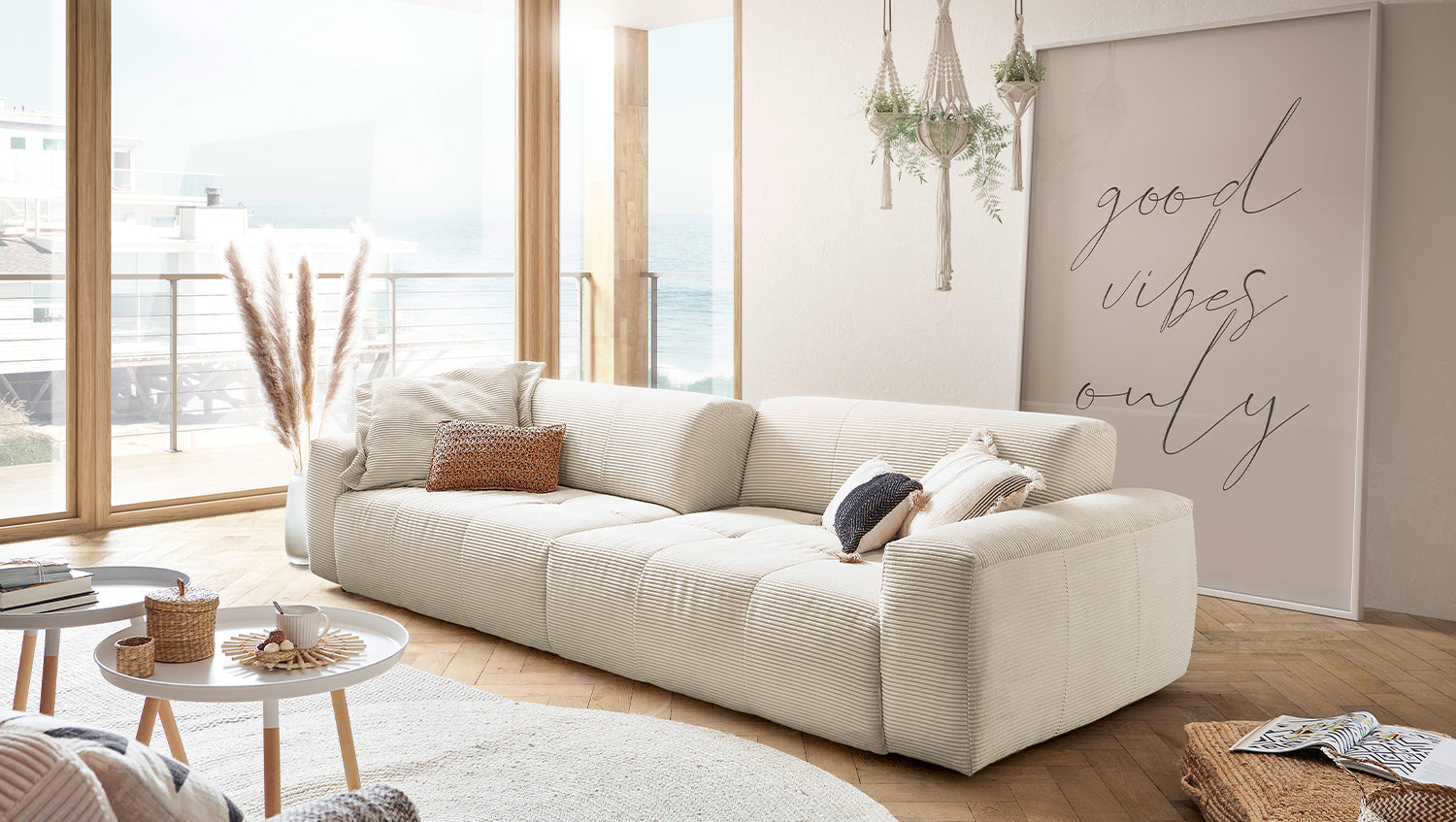 KAWOLA Big Sofa PALACE 3-Sitzer mit Sitztiefenverstellung Cord cremeweiß